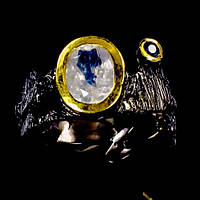 Дизайнерское Серебряное Кольцо с натуральным Лунным камнем и фианитом, Размер 19.5
