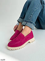 Premium! Женские замшевые фуксия лоферы на каблуке весенние туфли Натуральная замша Весна Осень