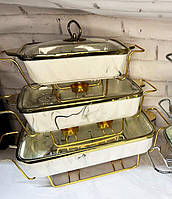 Набор из 3-х мармитов керамических прямоугольных Kitchen с крышками из стекла Бело Золотой akr