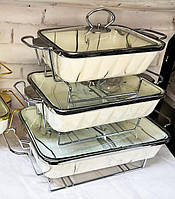 Набор из 3-х мармитов керамических прямоугольных Kitchen с крышками из стекла Бело Серебристый akr