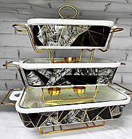 Набор из 3-х мармитов керамических прямоугольных Kitchen с крышками из стекла Витраж Золотой akr