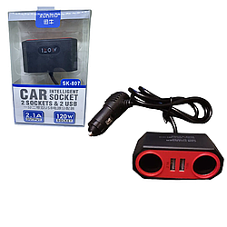 Автомобільний розгалужувач прикурювача Xunniu SK-807 12V, 2 гнізда, 2 USB/2.1А