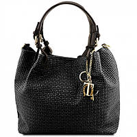 Кожаная сумка-шоппер KeyLuck с плетеным теснением Tuscany TL141573 Черный QT, код: 8097205
