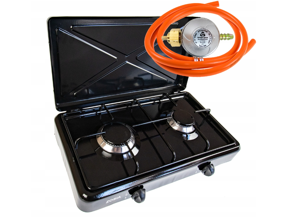 Портативна 2-комфоркова газова плита чорного кольору Zosia2CZ шланг + перехідник, фото 1