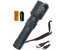 Ліхтар з лінзою, Ortex LED  алюміневий ЧОРНИЙ корпус, функція  павербанк USB C / USB A розєм