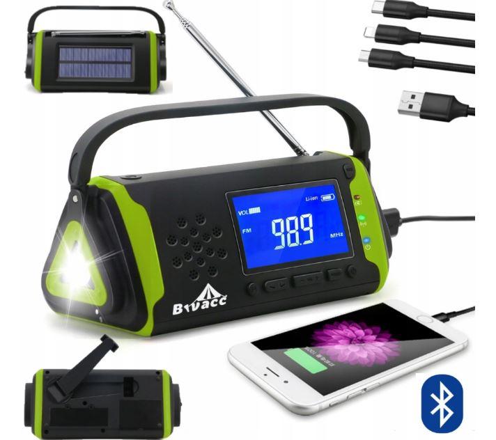 Портативний радіоприймач Bivaccs Bluetooth сонячна батарея з ліхтариком та функцією PowerBank 4000 мАг
