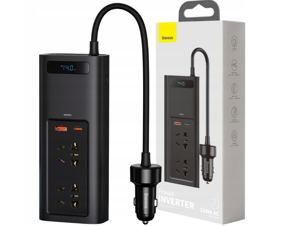 Автомобільний інвертор Baseus 150W 220V (вилка EU та CN) чорний (CRNBQ-A01), фото 1