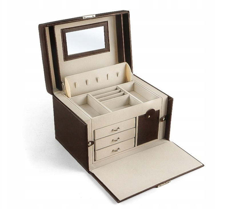 Коричневий органайзер для ювелірних виробів з дзеркалом та висувними ящиками, фото 1