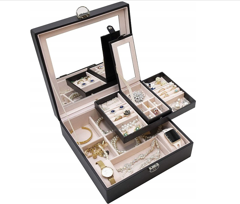 Чорний органайзер з футляром та дзеркалом для зберігання ювелірних виробів на замку, фото 1