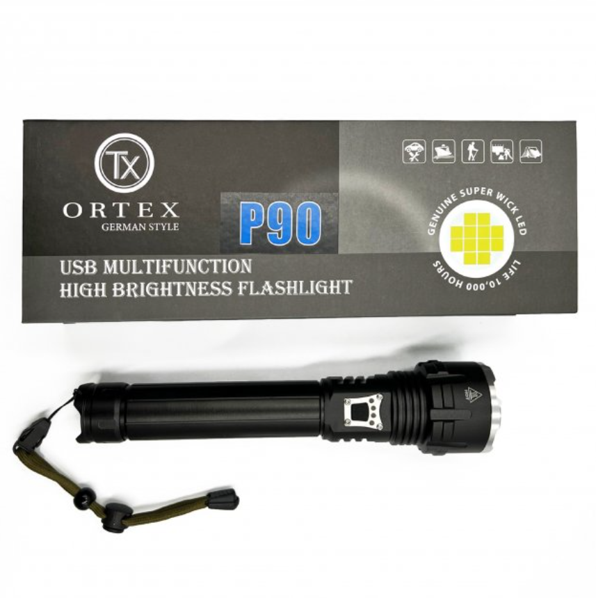 Ліхтар з лінзою, Ortex P90 LED алюміневий ЧОРНИЙ корпус, функція павербанк USB C / USB A розєм