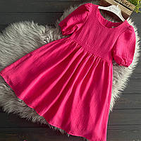 Подростковое яркое летнее платье муслин розовое модное для девочки подростка, Детские модные летние платья 134