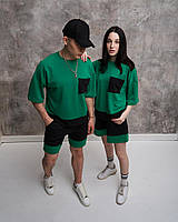 Парні літні костюмы футболка+шорти зелений з чорним
