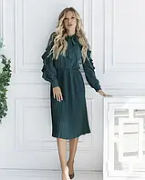 Зеленое плиссированное платье с сетчатыми вставками, Софт/сетка, Вечерний