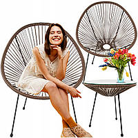2 × садовий стілець GoGarden, бежевий техноротанг + стіл GOGARDEN, круглий техноротанг, 50 x 50 x 49 см