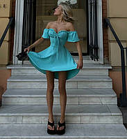 Мятное легкое летнее платье в горошек с открытыми плечами и шнуровкой сзади из ткани ролекс Размеры 42- 46