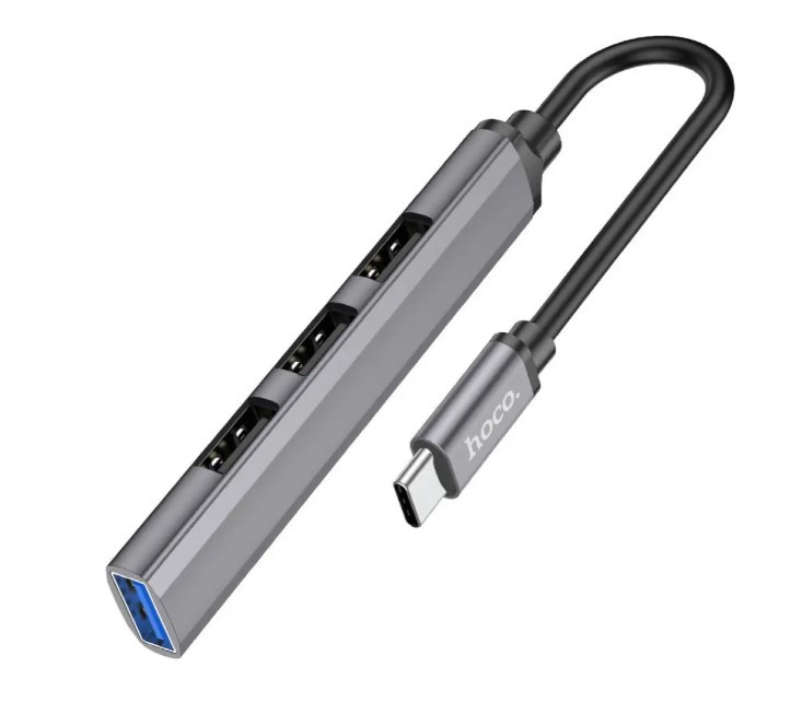 USB hub хаб HOCO HB26 на 4 порта USB 3.0*1+USB 2.0*3 Type-C to USB сірий до 1Tb