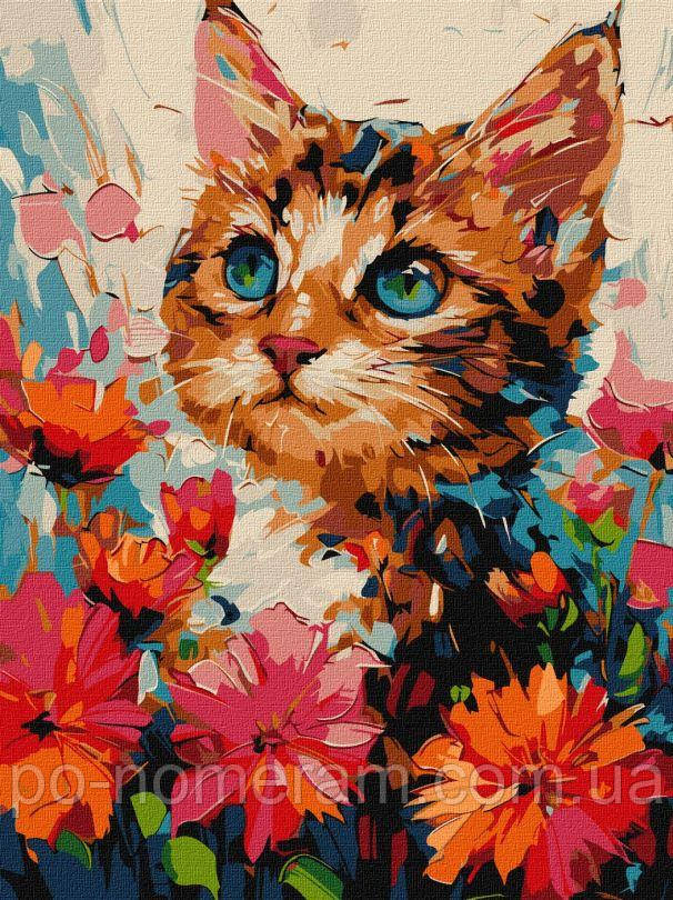 Новинка Розмальовка для дорослих Ідейка Котик у квітах ©artsolomiia (KHO6599) 30 х 40 см, фото 1