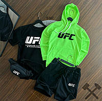 Костюм мужской летний шорты + футболка + худи + бананка UFC спортивный набор ЮФС черно-салатовый