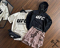 Летний мужской костюм UFC шорты + футболка + кофта + бананка спортивный комплект юфс бело-бежевый