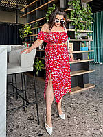 Женский летний костюм в цветочный принт: топ с рукавами-фонариками и юбка с разрезом, батал большие размеры