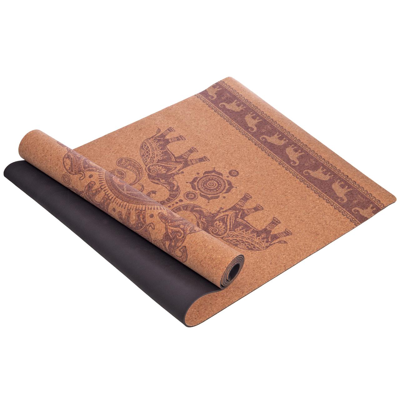 Килимок для йоги пробковий Record 183x61x0,4 см із східним принтом Марш слонів
