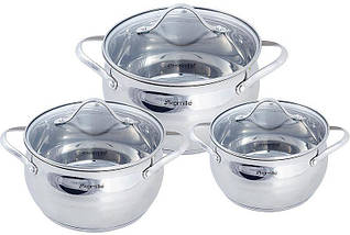 Набір каструль Kamille із нержавіючої сталі 6 предметів для індукції та газу (2.1л, 3.7л, 6.1л) KM-5911, фото 2