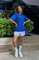 Женский летний спортивный костюм из двунитки: белые Шорты с карманами и синяя Футболка с логотипом Jordan