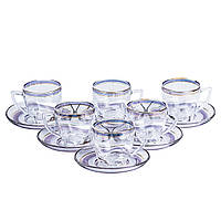 Чашки зі блюдцем скляні прозорі набір на 6 осіб