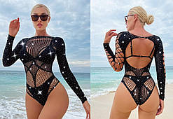 Боді зі стразами довгий рукав та відкрита спина ТМ Karolina чорний