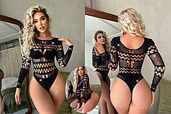 Боді зі стразами сзаду стрінги довгий рукав ТМ Karolina чорний