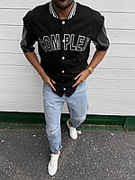 Мужская оверсайз рубашка черная с кожаными вставками Рубашка с короткими рукавами