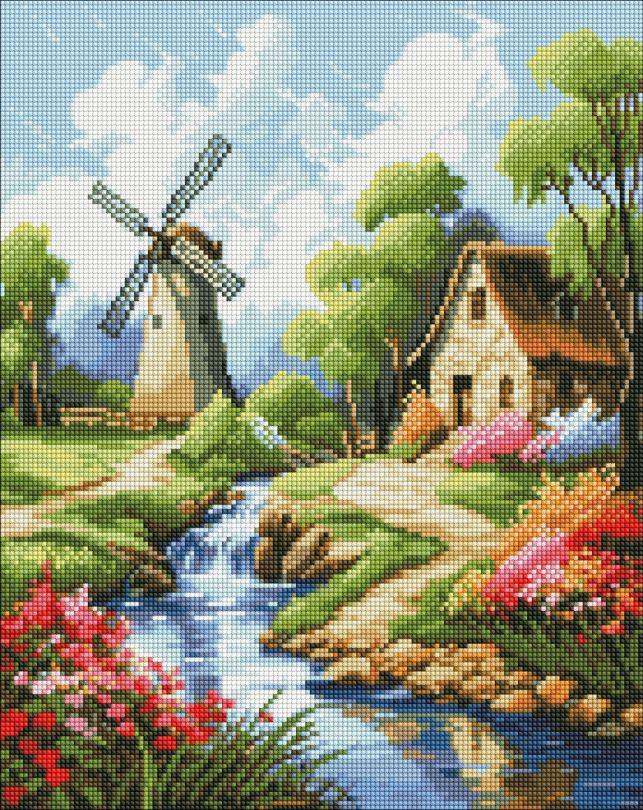 Картина стразами Ідейка Будиночок біля млина ©art_selena_ua (AMO7866) 40 х 50 см (На підрамнику)
