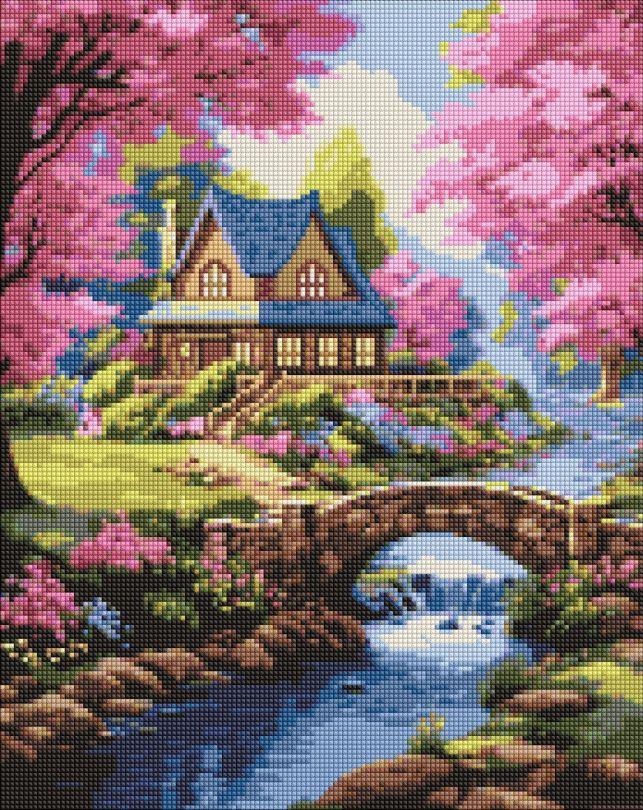 Картина стразами Ідейка Будиночок у квітах ©art_selena_ua (AMO7950) 40 х 50 см (На підрамнику), фото 1