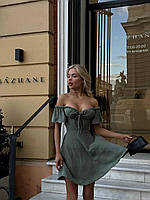 Женское летнее легкое мини-платье в горошек с открытыми плечами и шнуровкой сзади из ткани ролекс Цвет Хаки