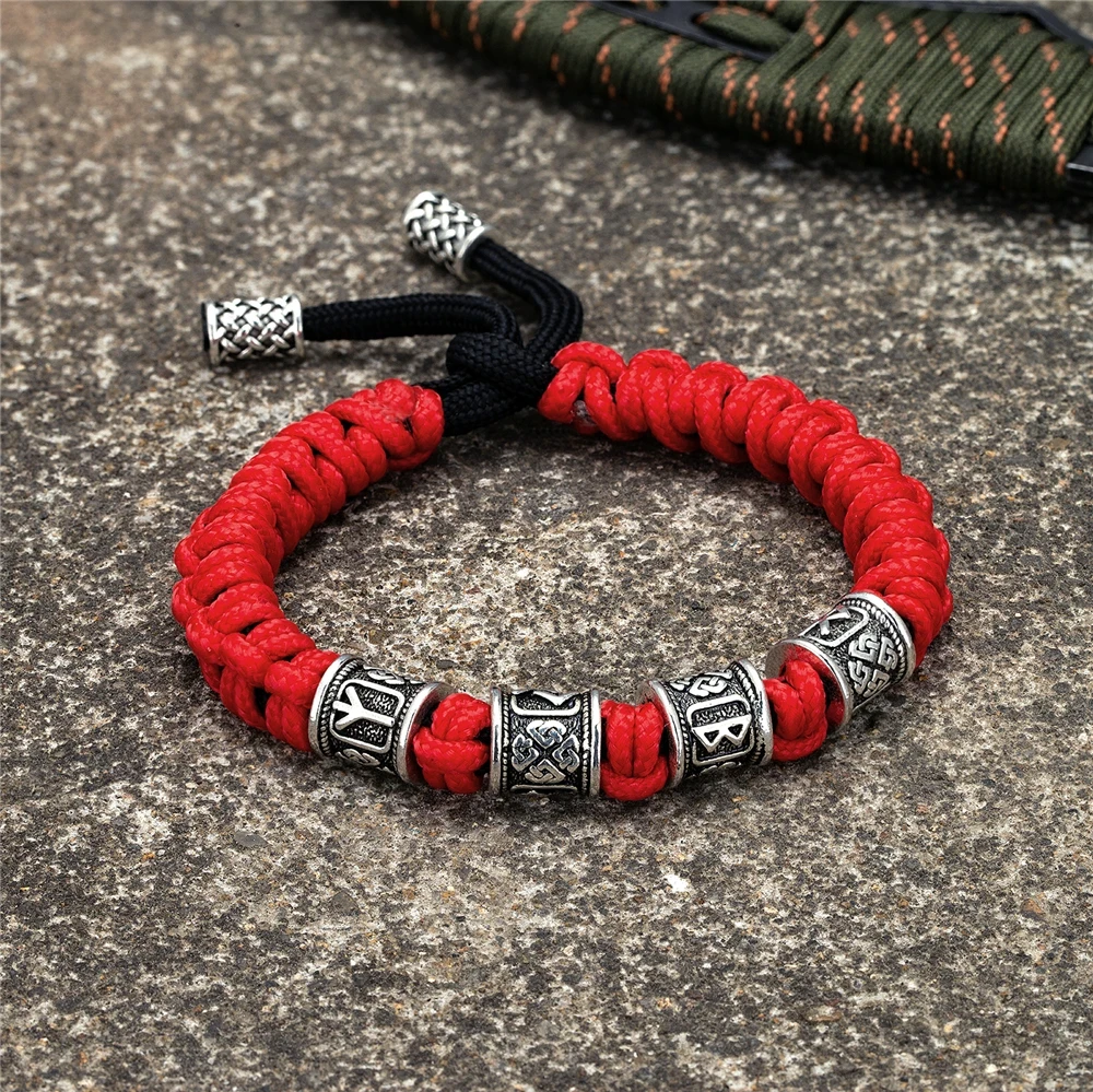 Браслет чоловічий із паракорду та сталі VIKING RED червоний із Рунами