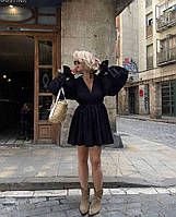 Стильное нарядное молодежное черное платье, модное короткое платье с длинными рукавами люкс качества