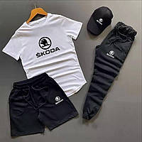 Літній чоловічий комплект з логотипом Skoda. Комплект шорт, футболка, кепка, штани
