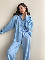 Голубой женский,брючной,льняной оверсайз костюм двойка (рубашка удлиненная+брюки палаццо).Костюм из льна,42/46