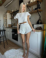 Женская пижама топ+шорты молочного цвета, стильный современный комплект качественный рубчик принт