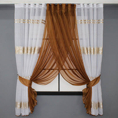 Кухонні шторки (400х170см.) комбіновані. Колір білий з коричневим. Код 111к 52-0851