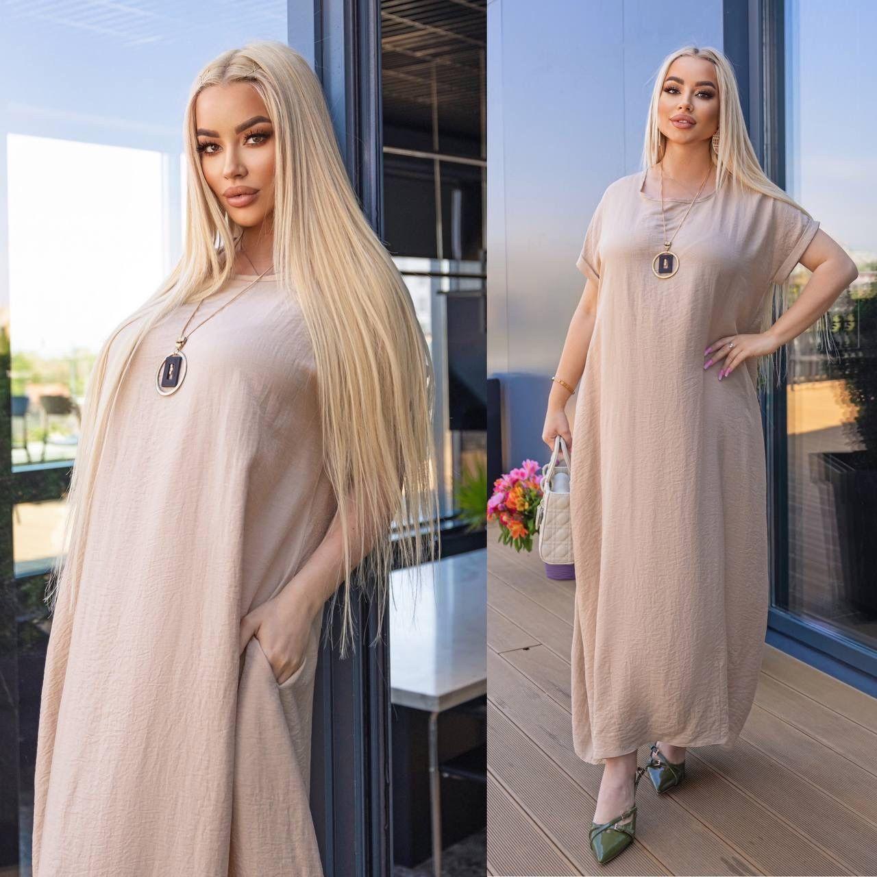 Сукня максі вільного крою обʼємна повітряна з льону Розміри батал: 50-54, 56-60 (МОД#1352), фото 1