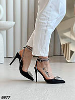Женские туфли текстильные черные на высокой шпильке с острым носиком 36