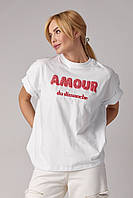 Женская футболка с вишивкой "Amour" трендовая футболка с принтом модная футболка трикотажная летняя футболка