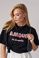Женская футболка с вишивкой "Amour" трендовая черная футболка с принтом модная футболка трикотажная летняя
