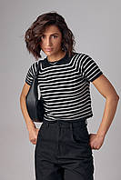 Укороченная женская футболка в полоску - черный цвет, L (есть размеры) sp