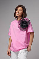 Женская трикотажная футболка с объемным цветком - розовый цвет, L (есть размеры) sp