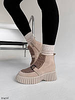 Premium! Женские бежевые ботинки на платформе танкетке Демисезонные деми ботинки на байке Весна Осень
