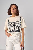 Женская футболка с принтом в виде корсета - бежевый цвет, L (есть размеры) Футболка, 60см, 38см, 7см, Без sp