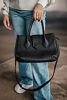 Сумка женская кожаная большая Луизианна черная 28*20*10 см, базовая черная сумка, стильная с карманами