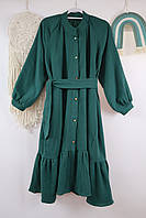 Женское муслиновое зеленое платье с длинным рукавом